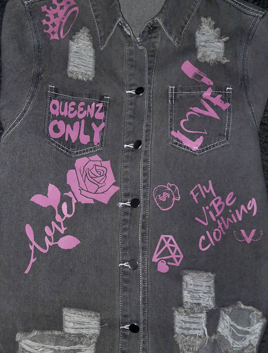 Fly Vibe Queenz Only Jean Jacket - Grey/Pink