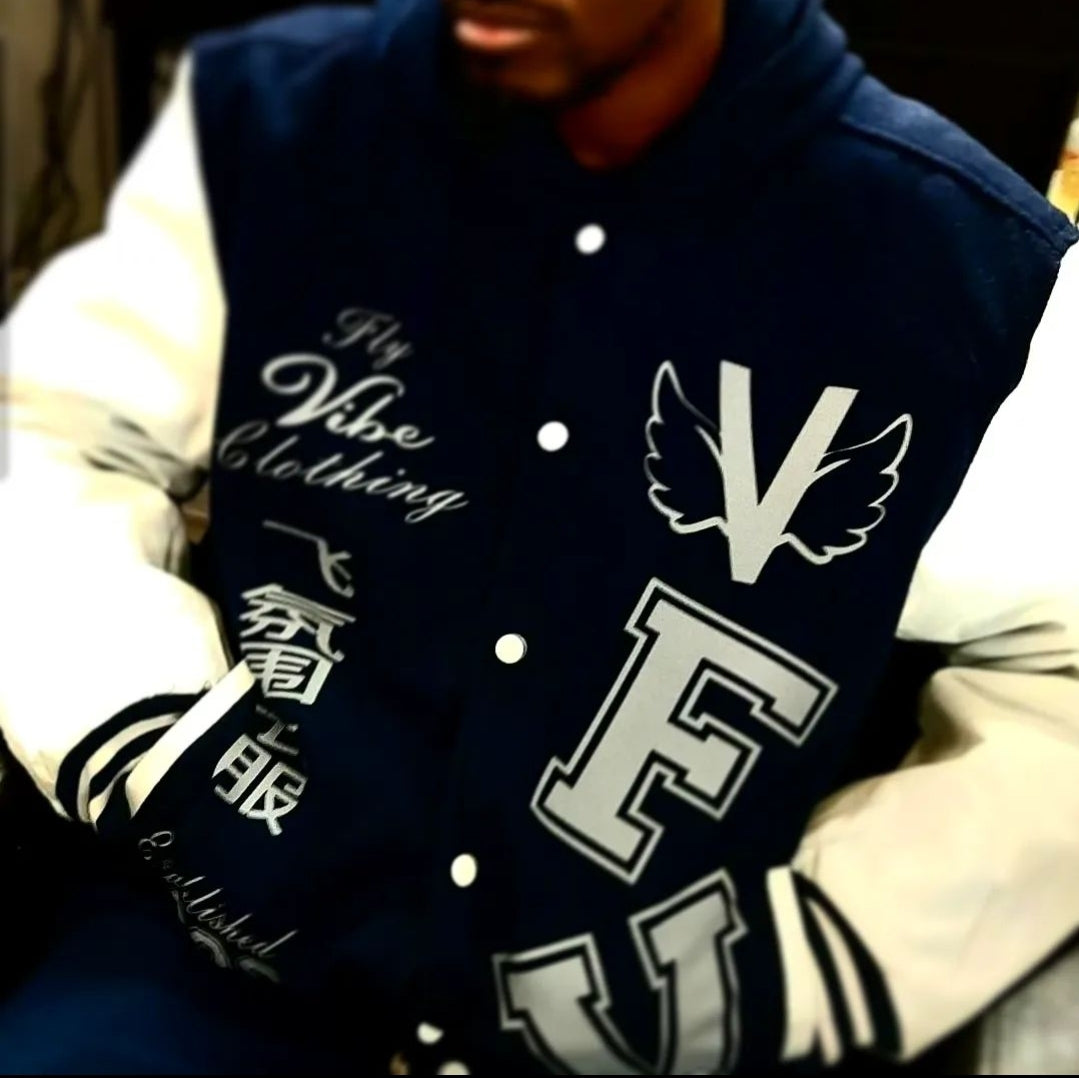 Fly Vibe Letterman Jacket - Navy/White/Grey