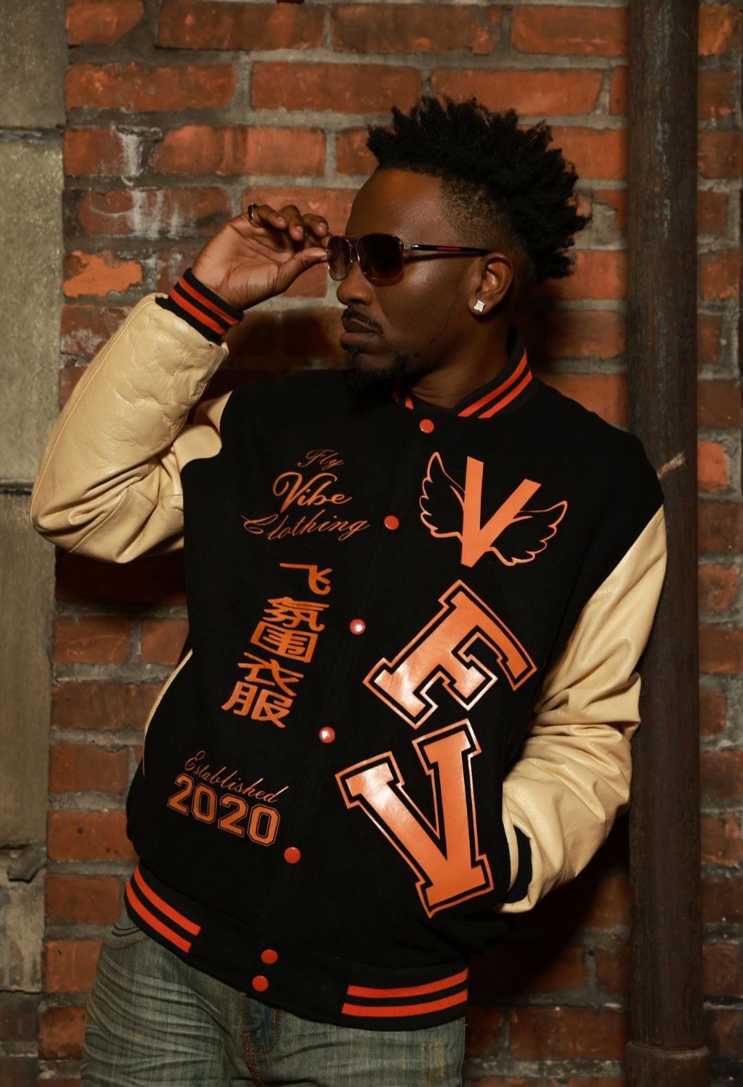 Fly Vibe Letterman Jacket - Black/Tan/Orange – FlyVibeClothing