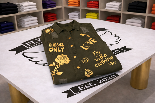 Fly Vibe Queenz Only Jean Jacket - Army Green/Gold