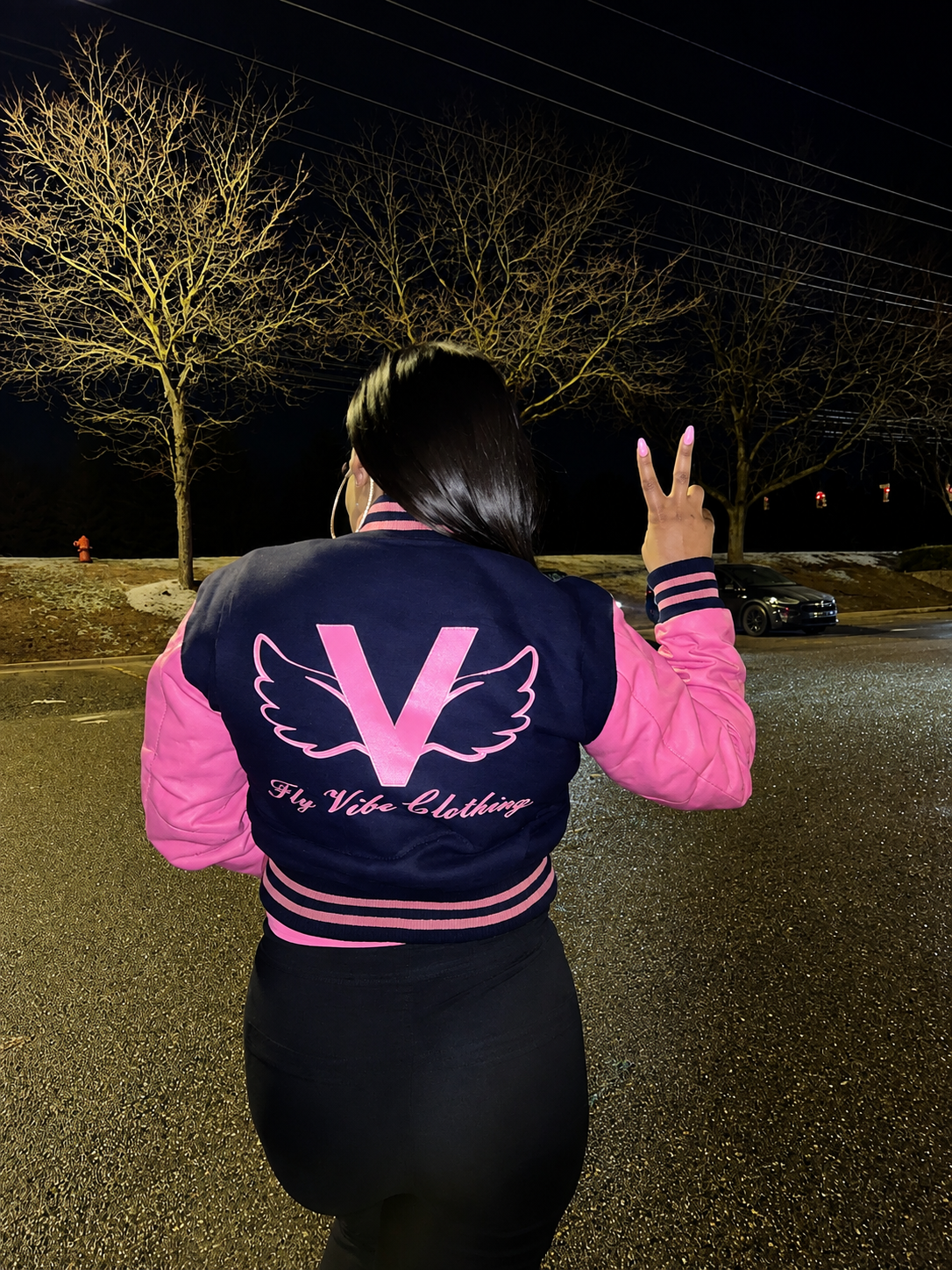 Fly Vibe Queenz Only Crop Letterman Jacket - Navy/Pink