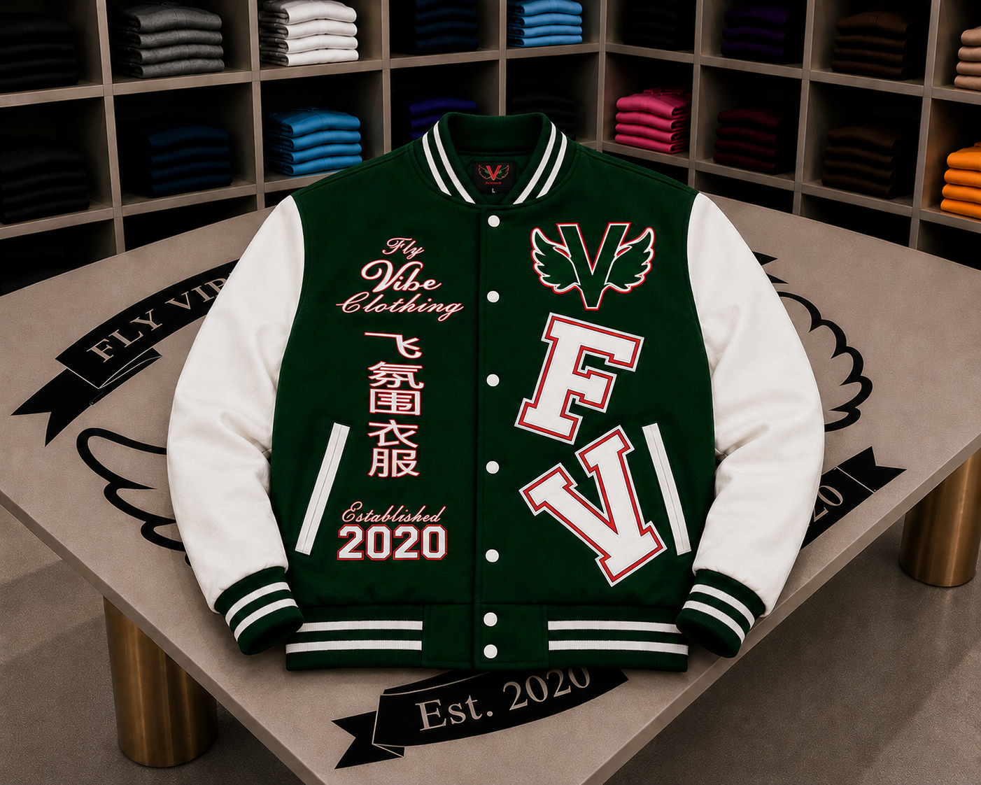 Fly Vibe Letterman Jacket - Green/White/Red