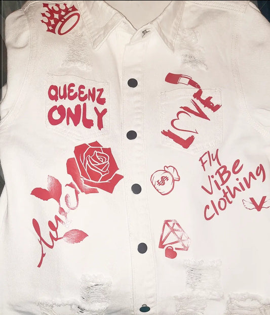Fly Vibe Queenz Only Jean Jacket - White/Red