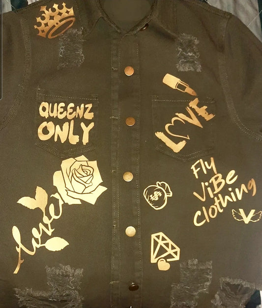 Fly Vibe Queenz Only Jean Jacket - Army Green/Gold