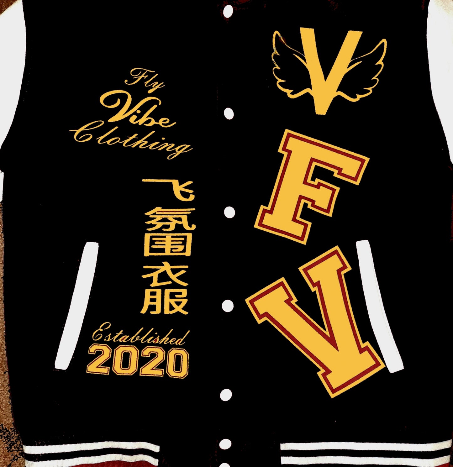 Fly Vibe Letterman Jacket - Black/White/Gold/Red