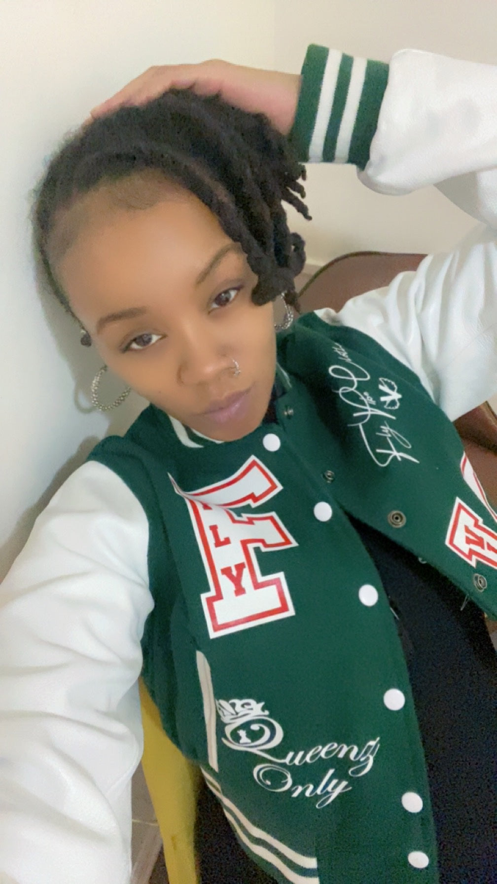Fly Vibe Queenz Only Crop Letterman Jacket - Green/White/Red