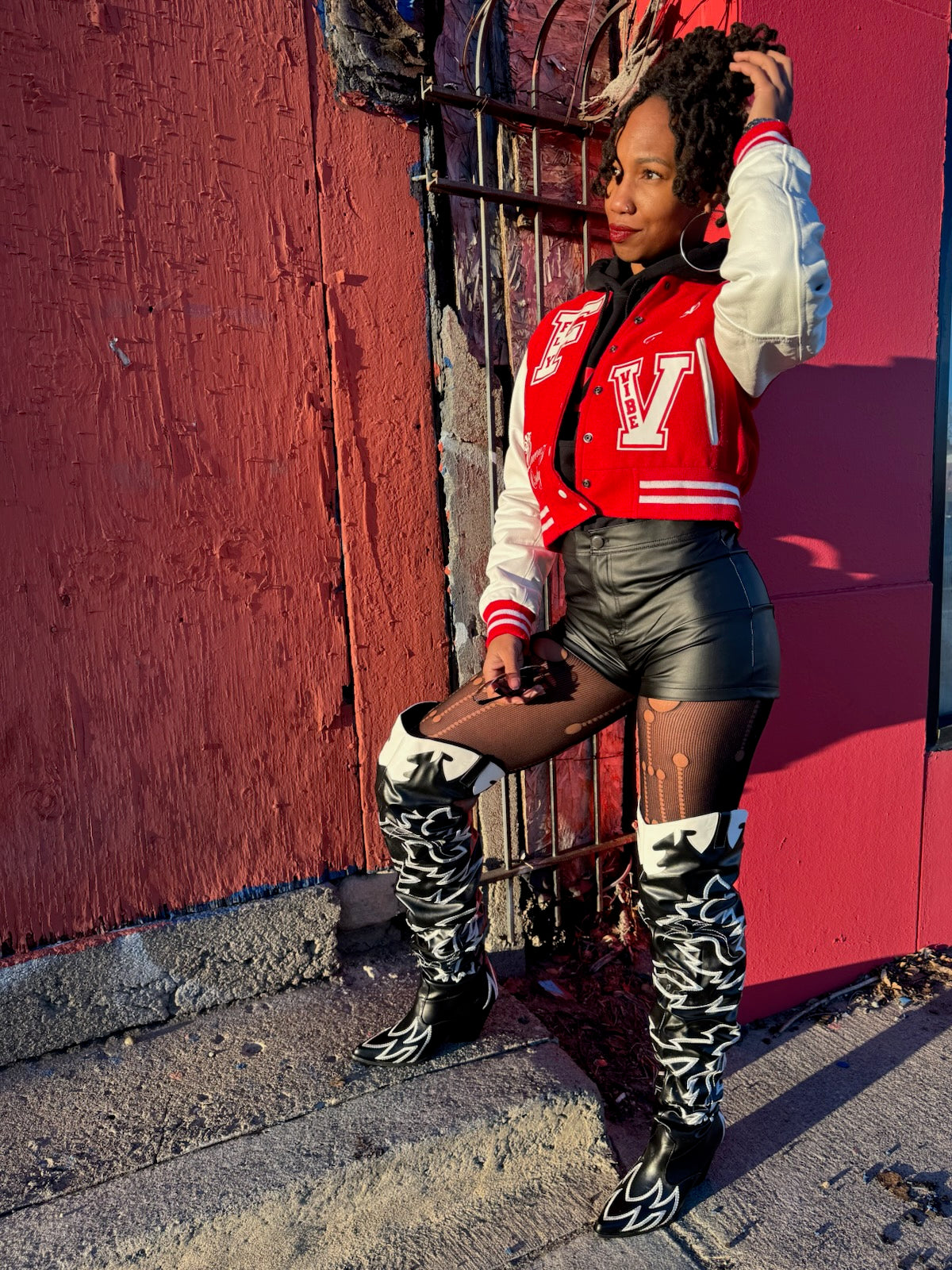 Fly Vibe Queenz Only Crop Letterman Jacket - Red/White
