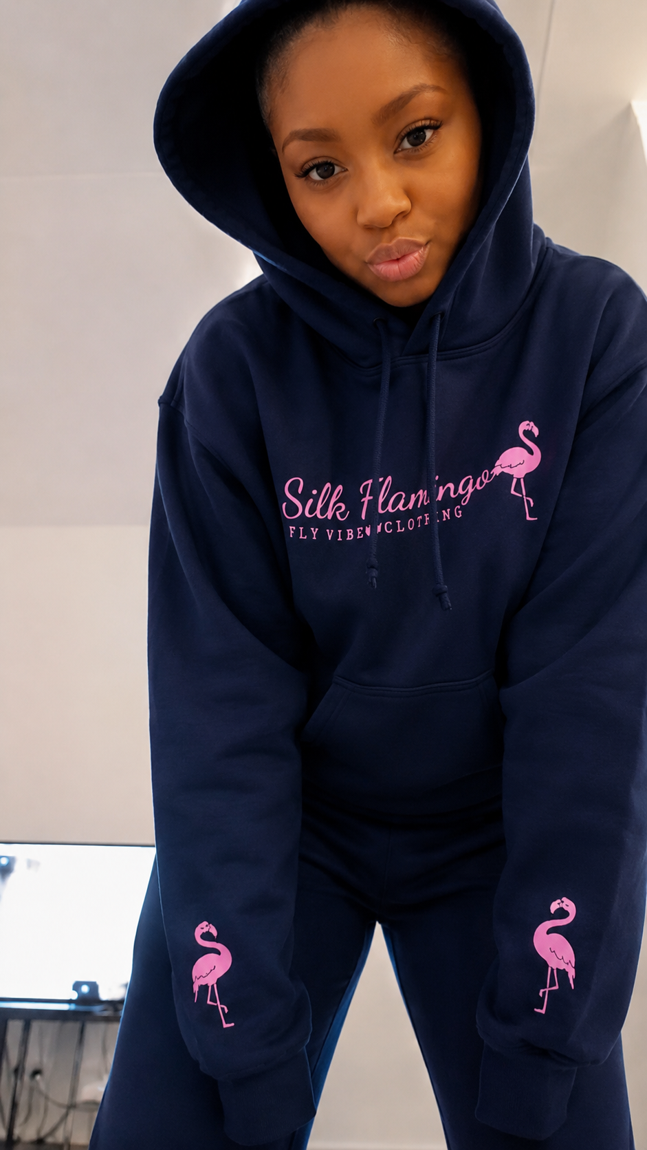 Silk Flamingo Hoodie - Navy