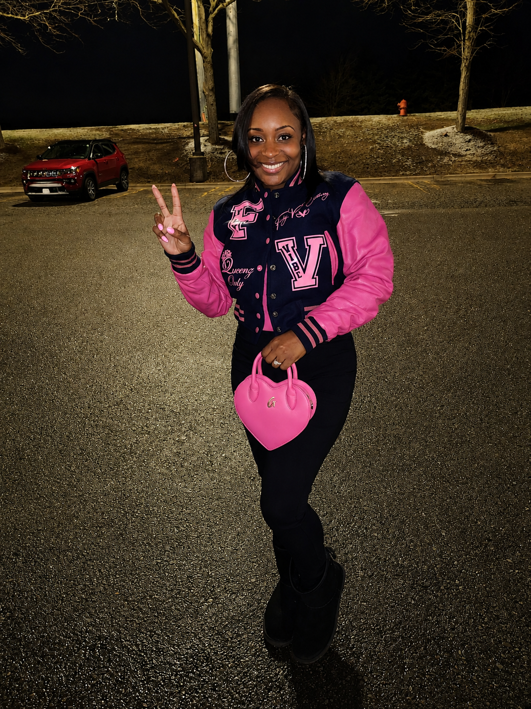 Fly Vibe Queenz Only Crop Letterman Jacket - Navy/Pink