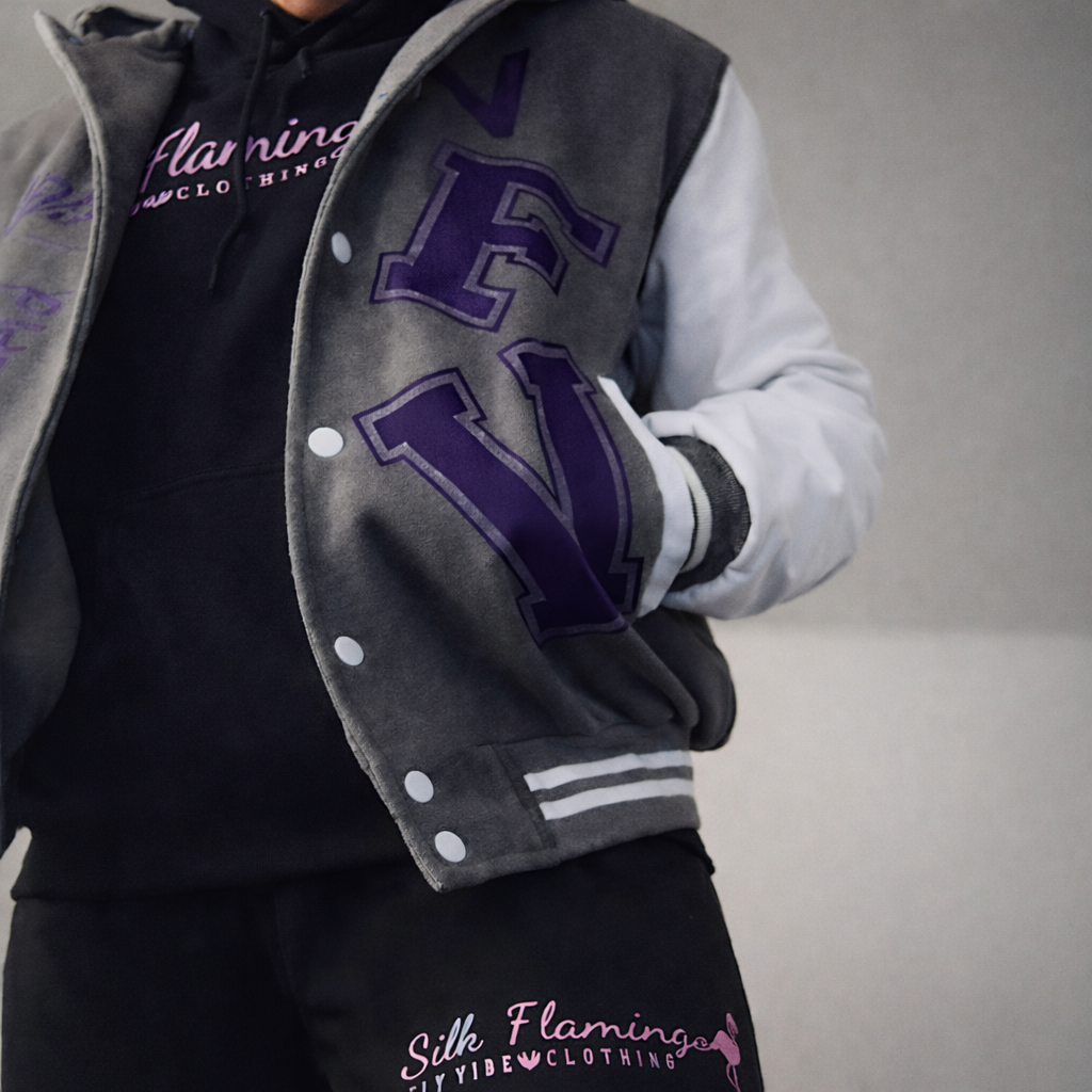 Fly Vibe Letterman Jacket - Grey/White/Purple
