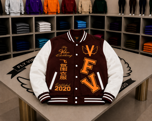 Fly Vibe Letterman Jacket  - Brown/White/Gold