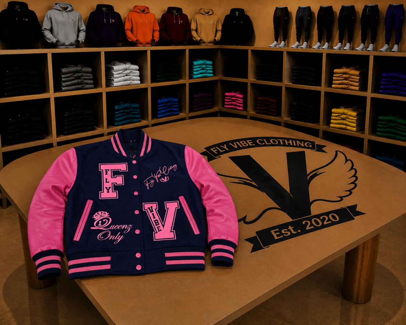 Fly Vibe Queenz Only Crop Letterman Jacket - Navy/Pink
