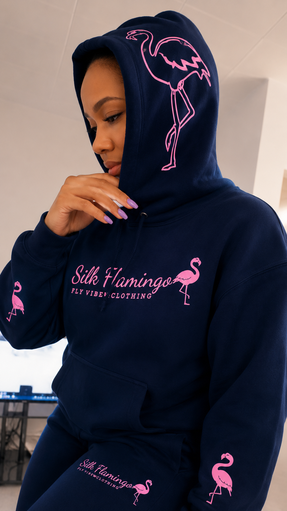 Silk Flamingo Hoodie - Navy