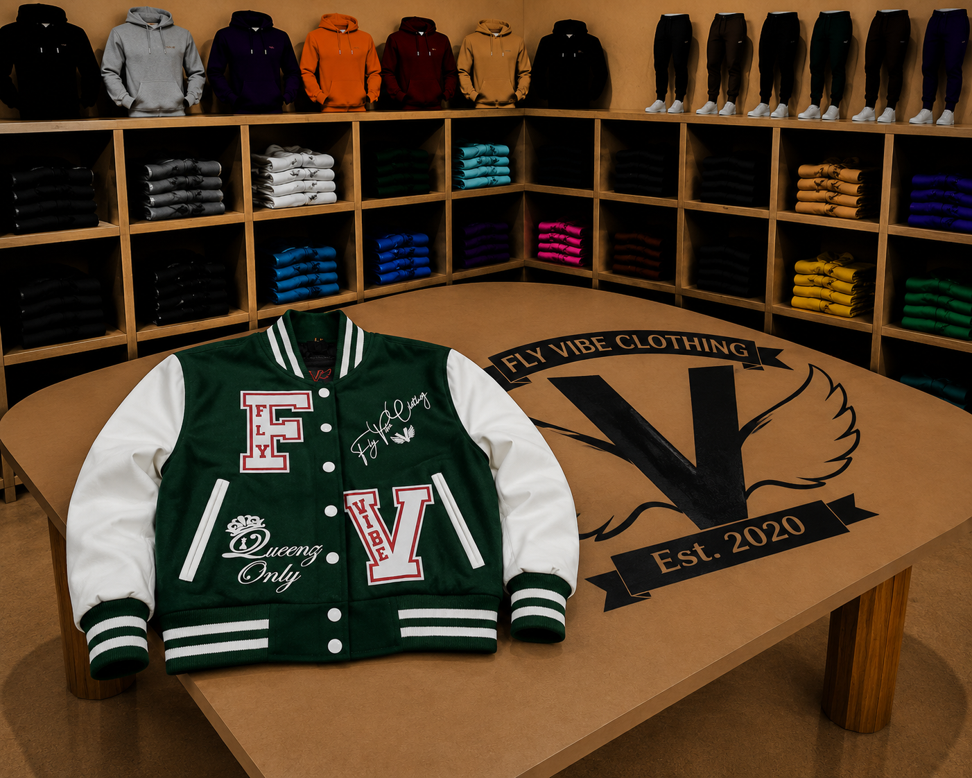 Fly Vibe Queenz Only Crop Letterman Jacket - Green/White/Red