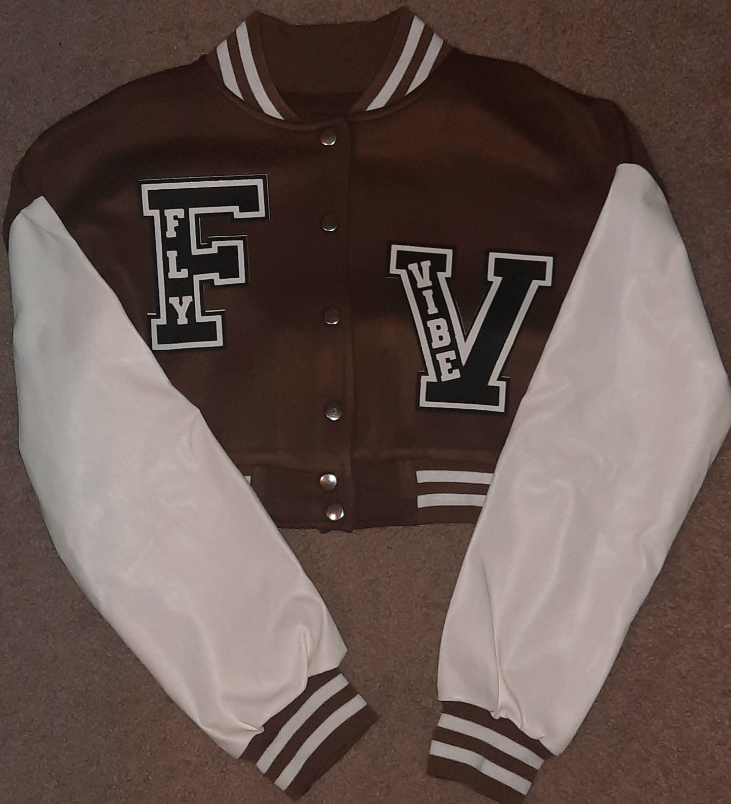 Fly Vibe Womens Crop Letterman Jacket - Brown/White/Black